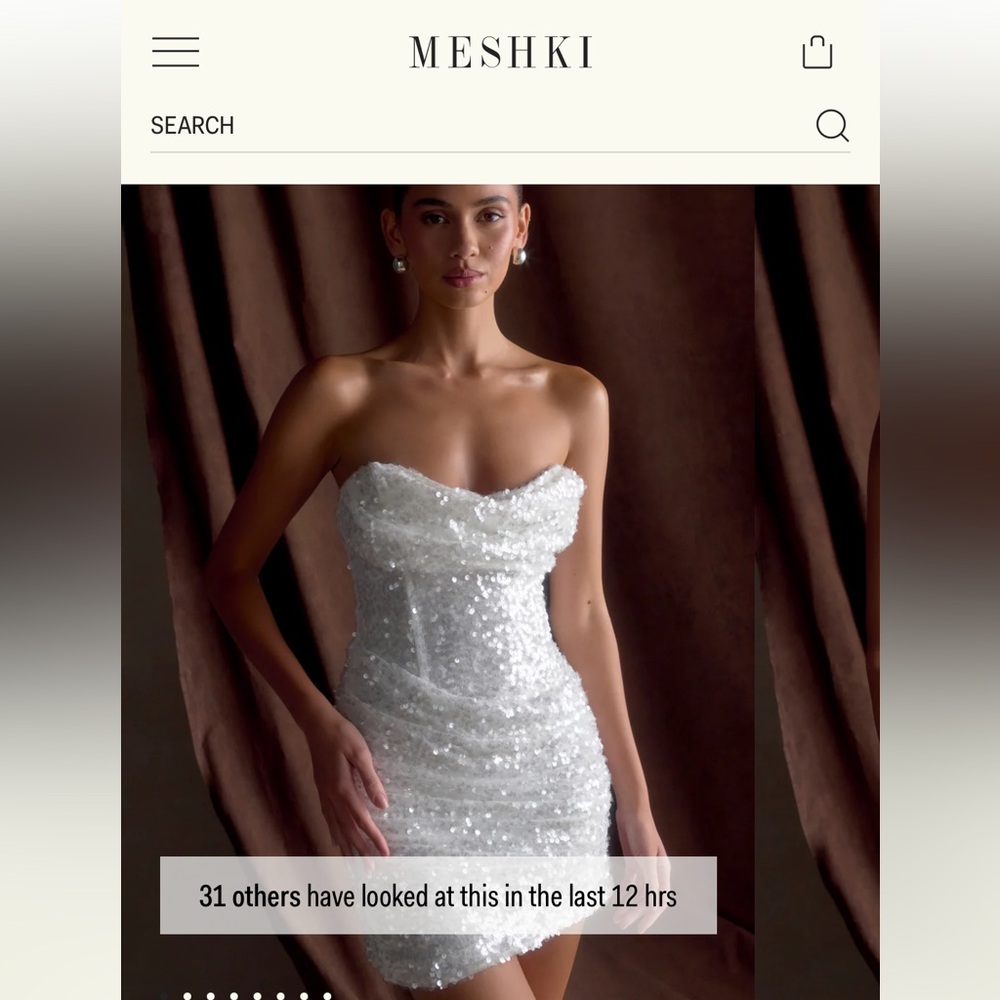 Meshki White Sequin Strapless Mini Dress with Draped Bodice